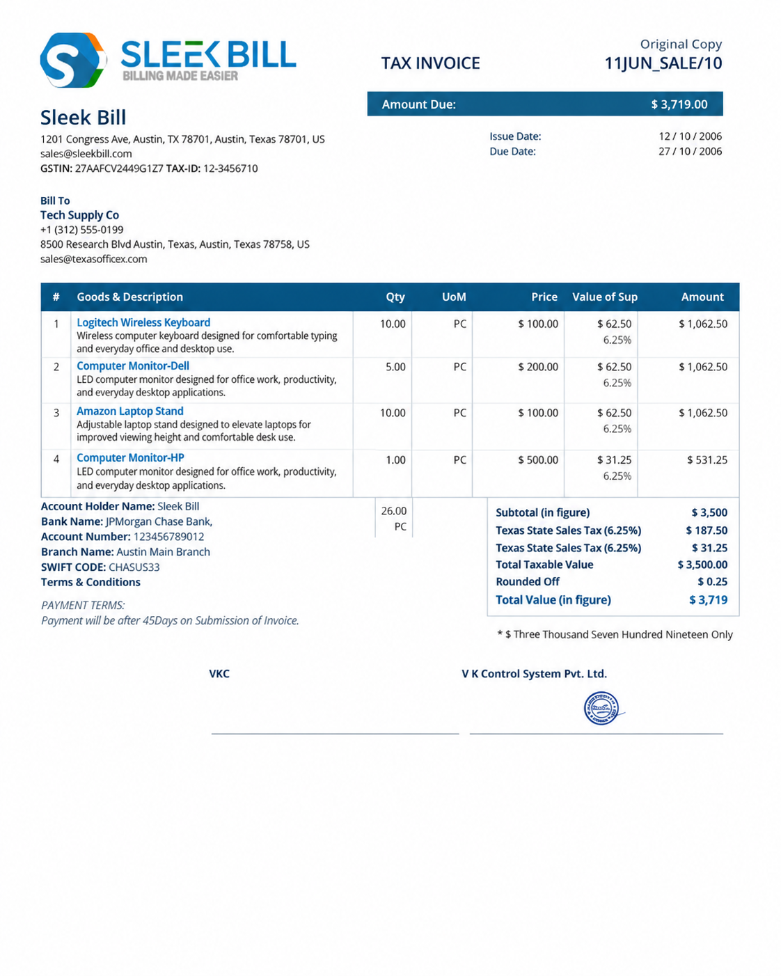 Sleek Bill invoice preview