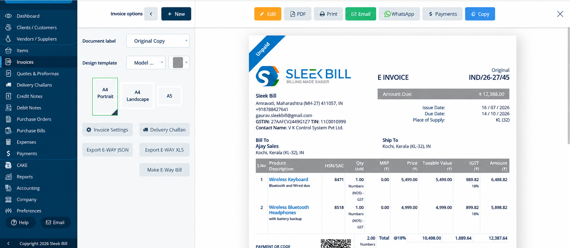 Sleek Bill GST e-invoice and e-way bill support