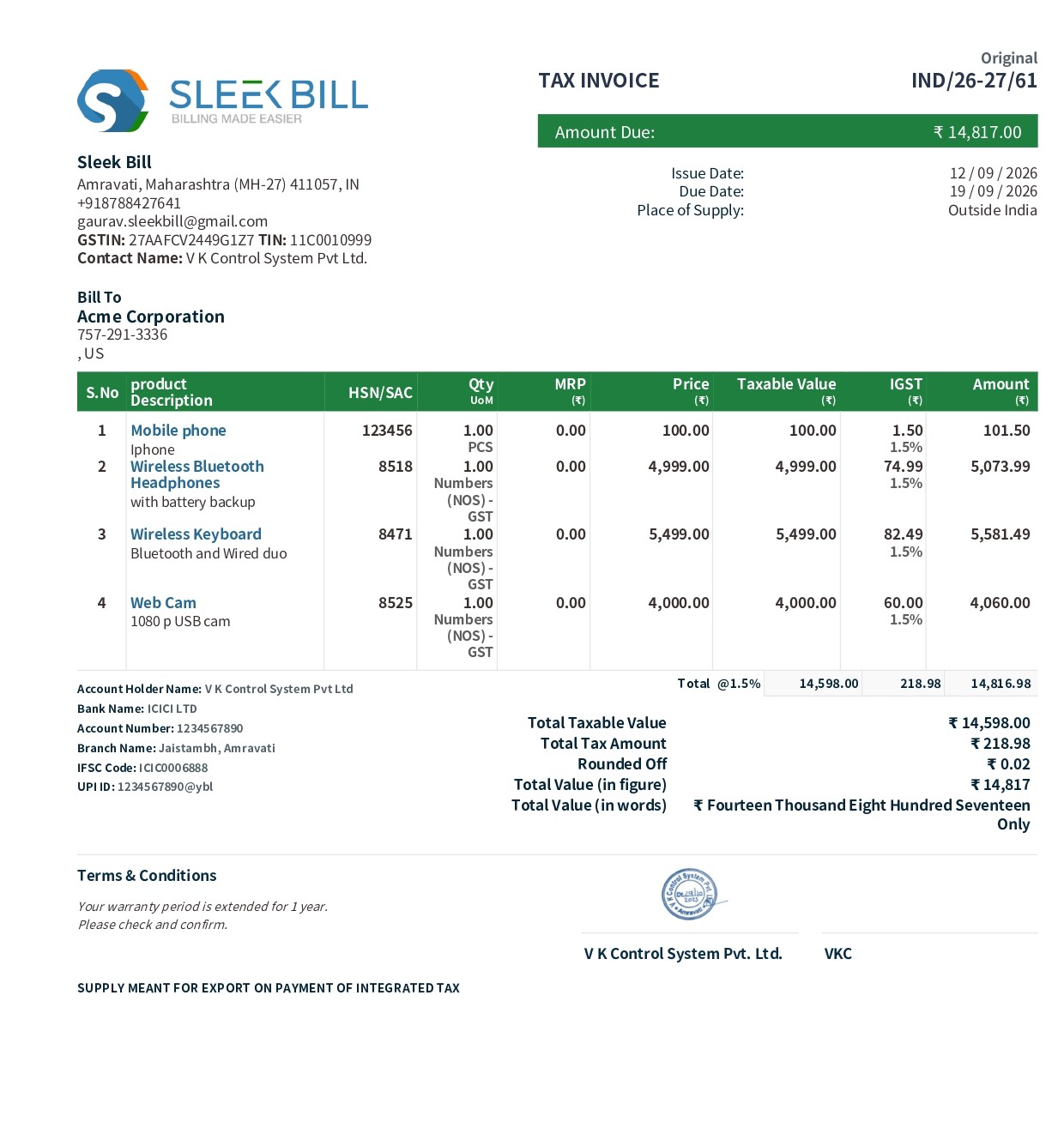 Export Invoice Format Example