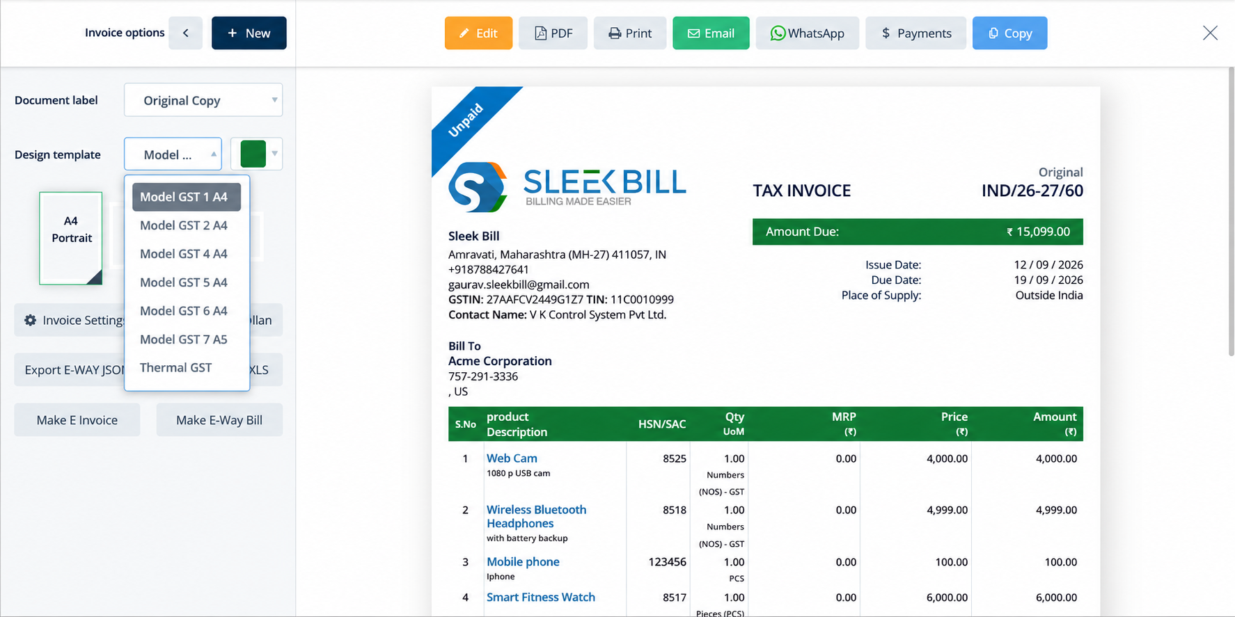 Sleek Bill MSME professional invoice creation