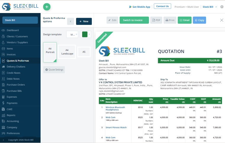 Sleek Bill Quotation Software